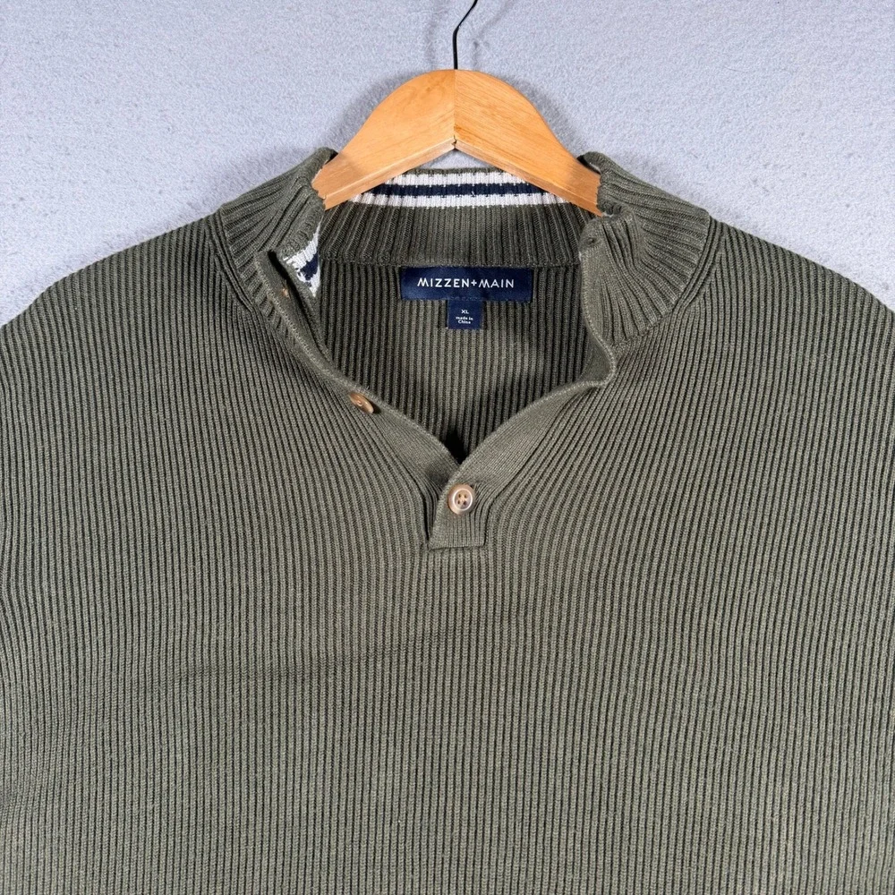 Mizzen+Main Men Olive Green Ribbed‎ Mock Neck Button Up Sweater XL Comfort
